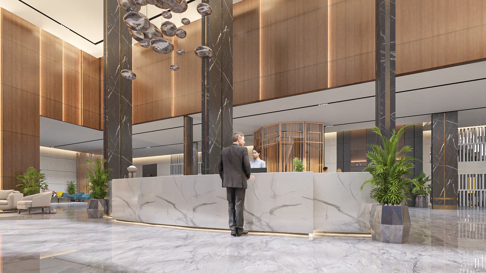 Grand Concierge Desk & Triple-Height Foyer